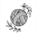 Vector illustration in doodle style. a ball of wool and a wreath of leaves. simple logo, icon with a ball of wool for knitting, cr Royalty Free Stock Photo